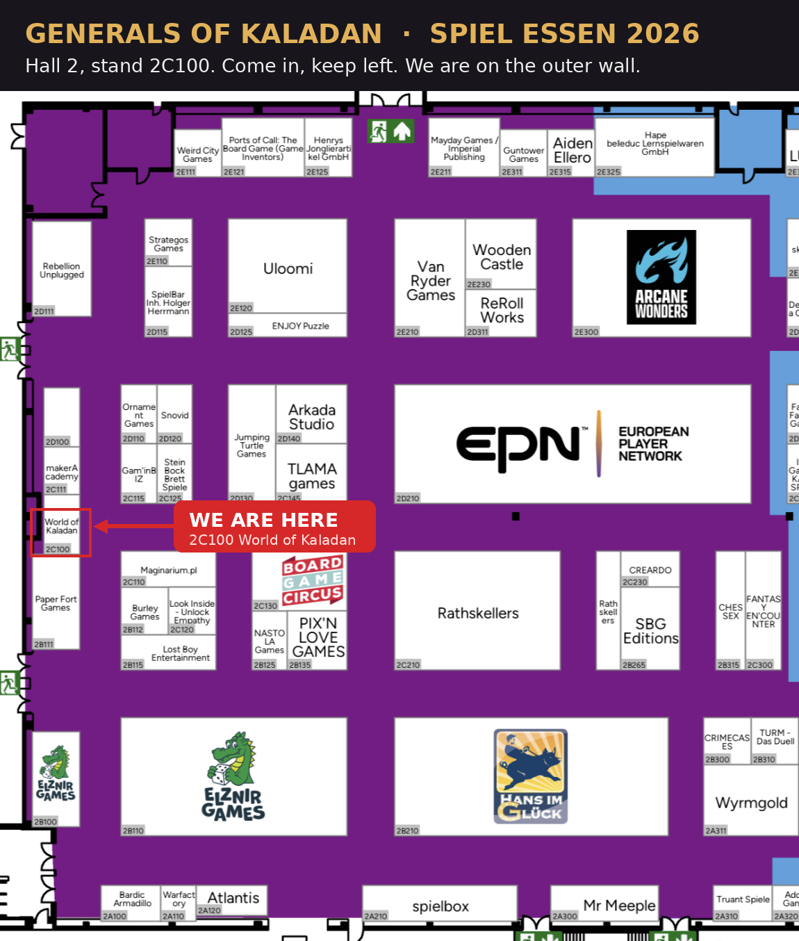 Floor plan of Hall 2 at SPIEL Essen 2026. Stand 2C100, World of Kaladan, is marked on the left-hand outer wall, level with the large EPN booth in the middle of the hall.